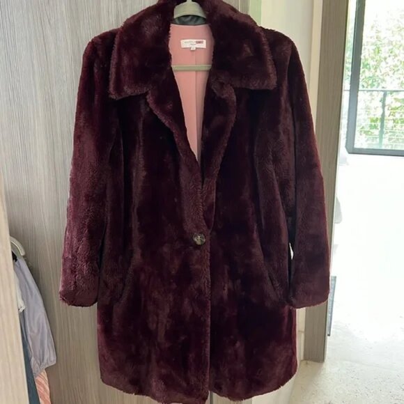 $297 WAVERLY GREY Luxe Faux Fur Betty Teddy Jacket burgundy car coat M - Picture 7 of 7